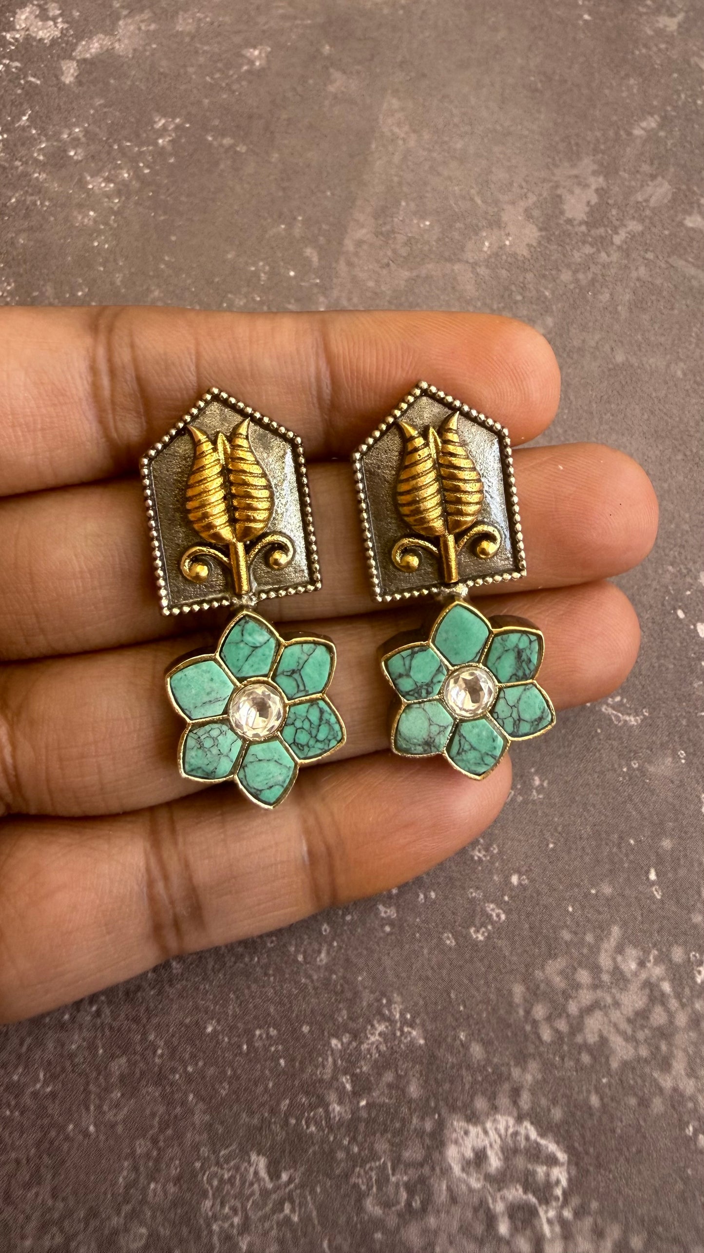 Floral Drop Earrings with Leaf Motif
