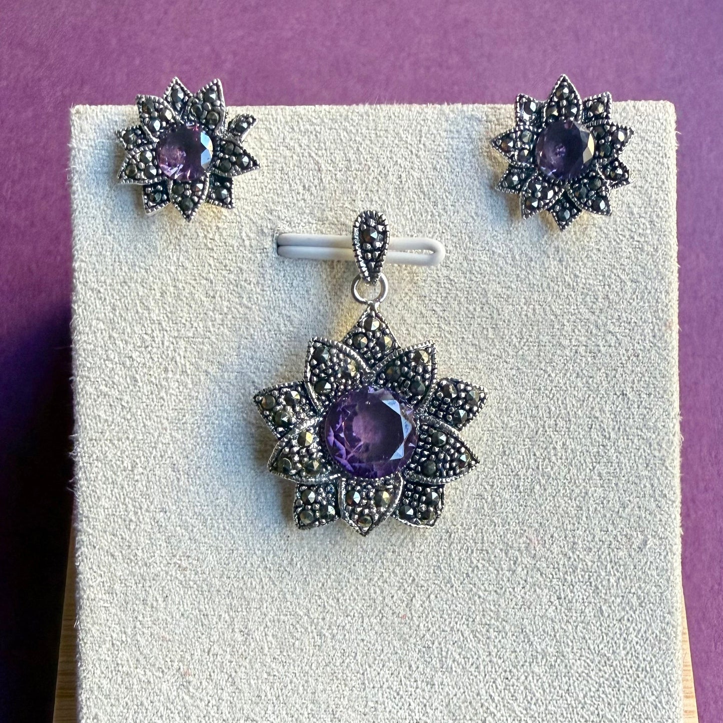 Purple Bloom Marcasite Pendant Set