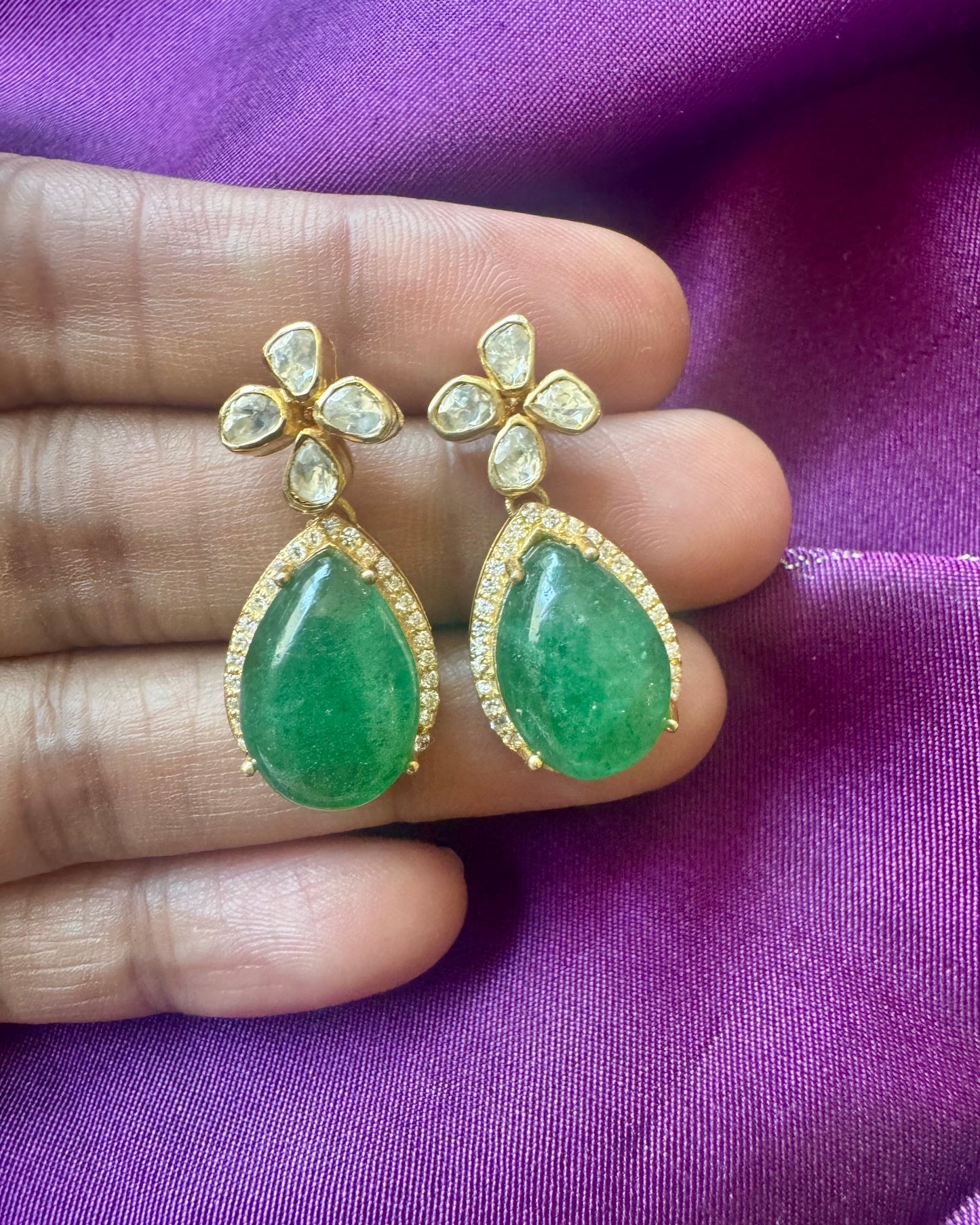 Green Teardrop Polki Earrings