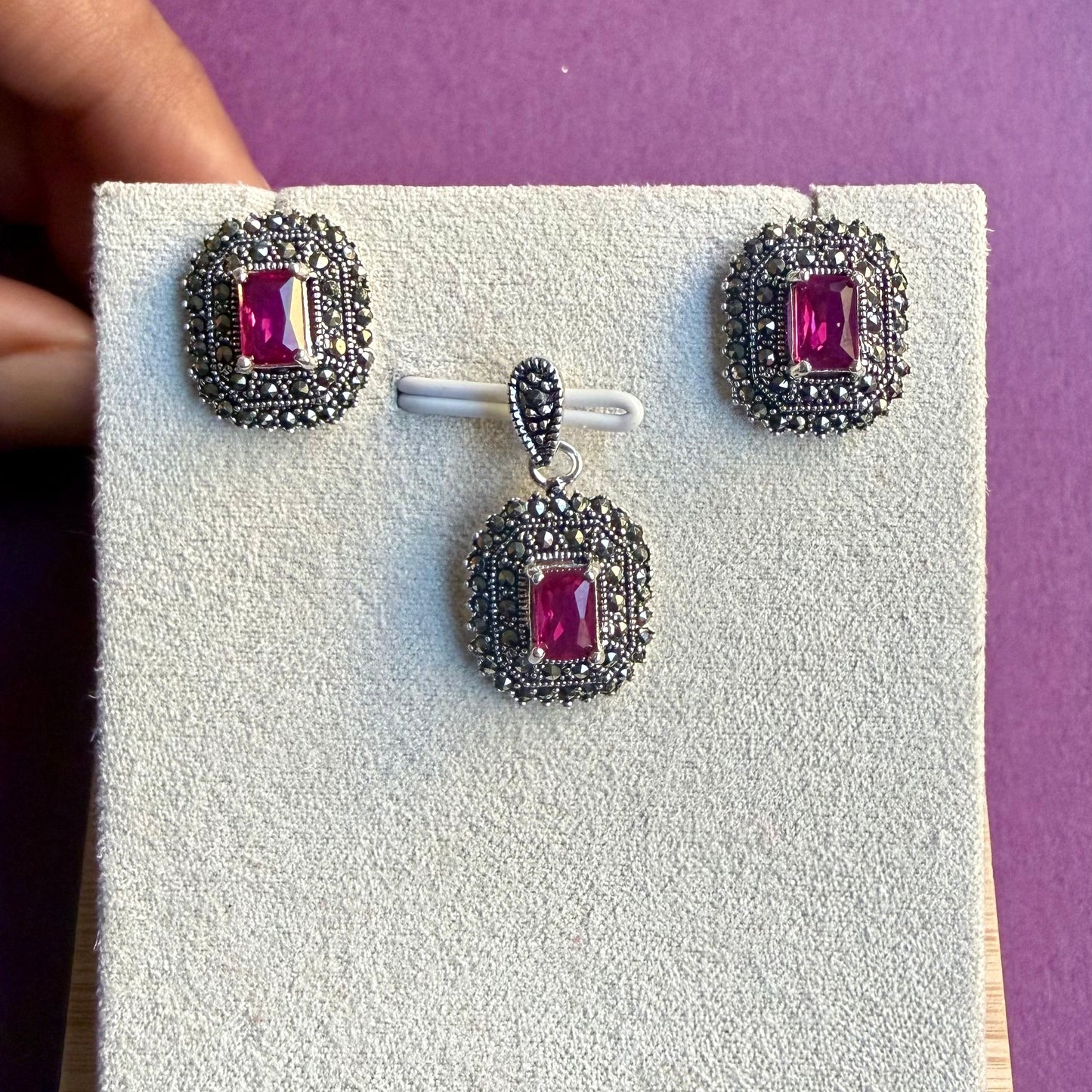 Ruby Marcasite Pendant Set