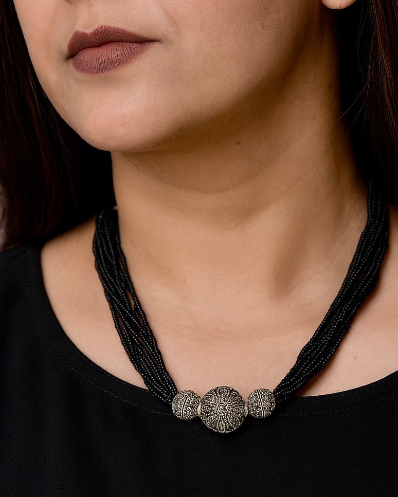 Black Bead Marcasite Necklace