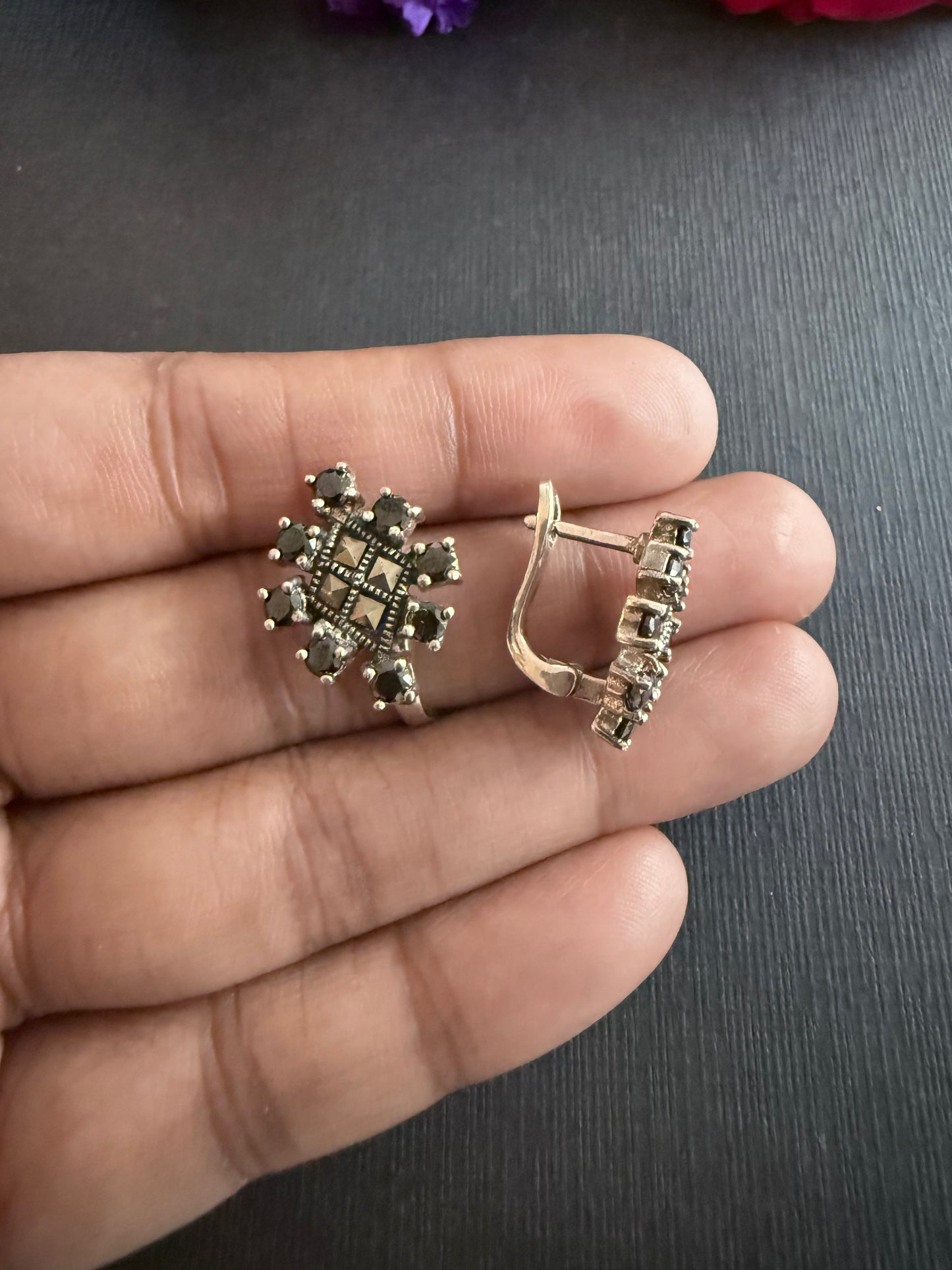 Onyx-Marcasite Hoop Earrings