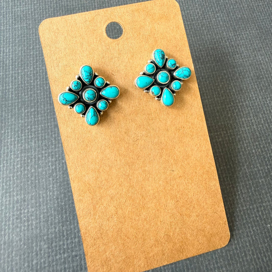 Turquoise Cluster Silver Stud Earrings
