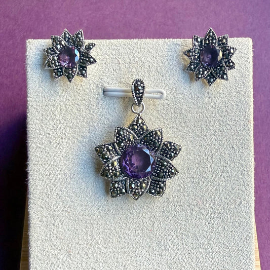 Purple Bloom Marcasite Pendant Set
