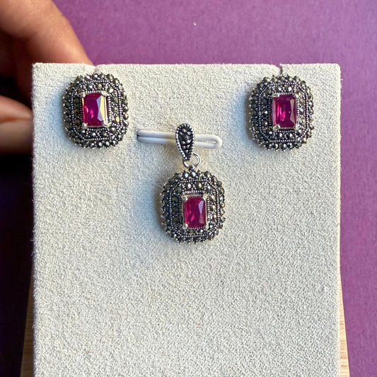 Ruby Marcasite Pendant Set