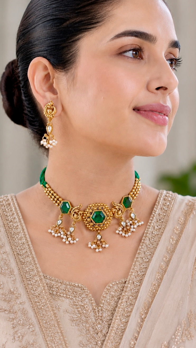 Mayura Emerald Necklace Set