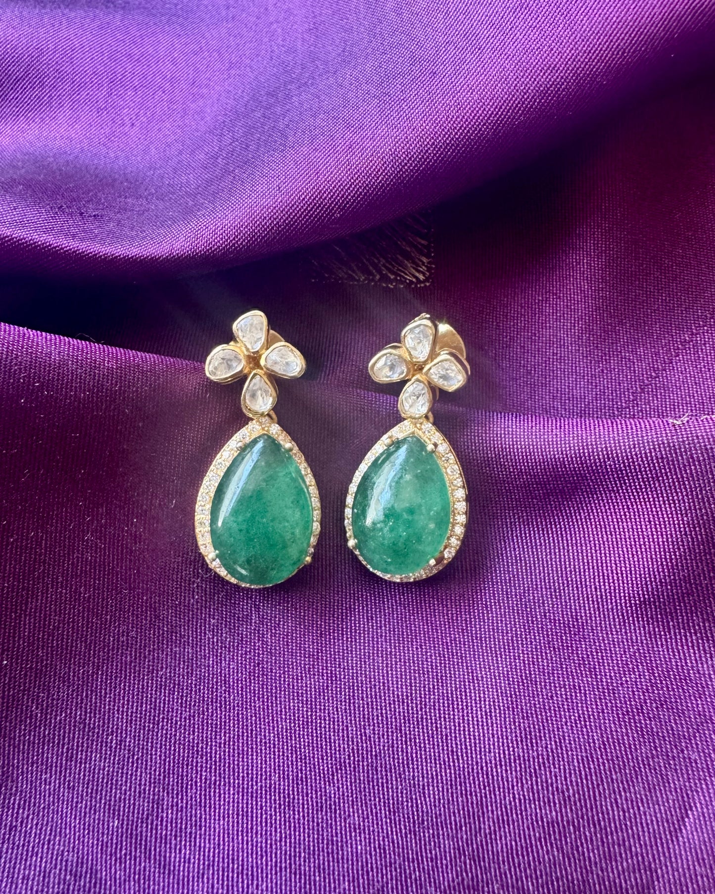 Green Teardrop Polki Earrings
