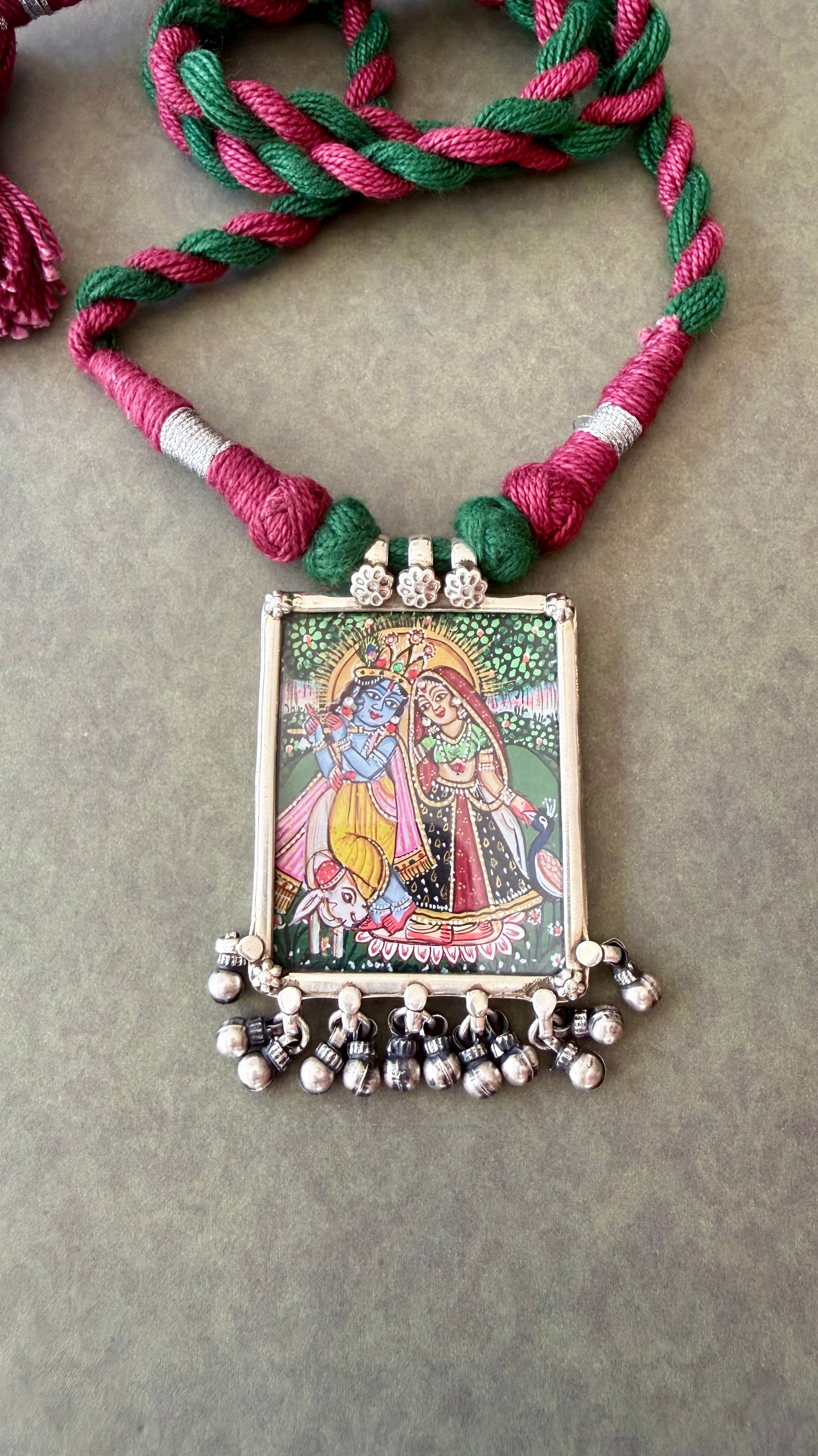 Leela – Radha Krishna rectangle Pendant with Dori