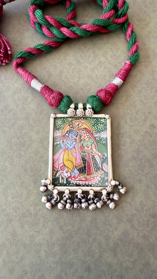 Leela – Radha Krishna rectangle Pendant with Dori