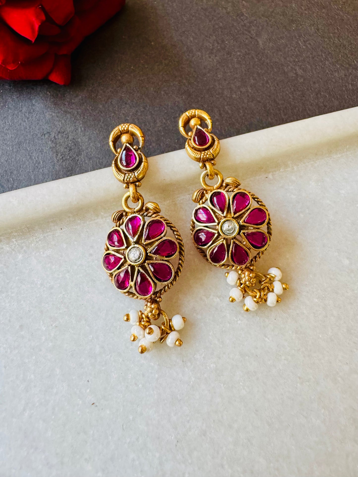 Ruby Floral Drop Earrings - Gold