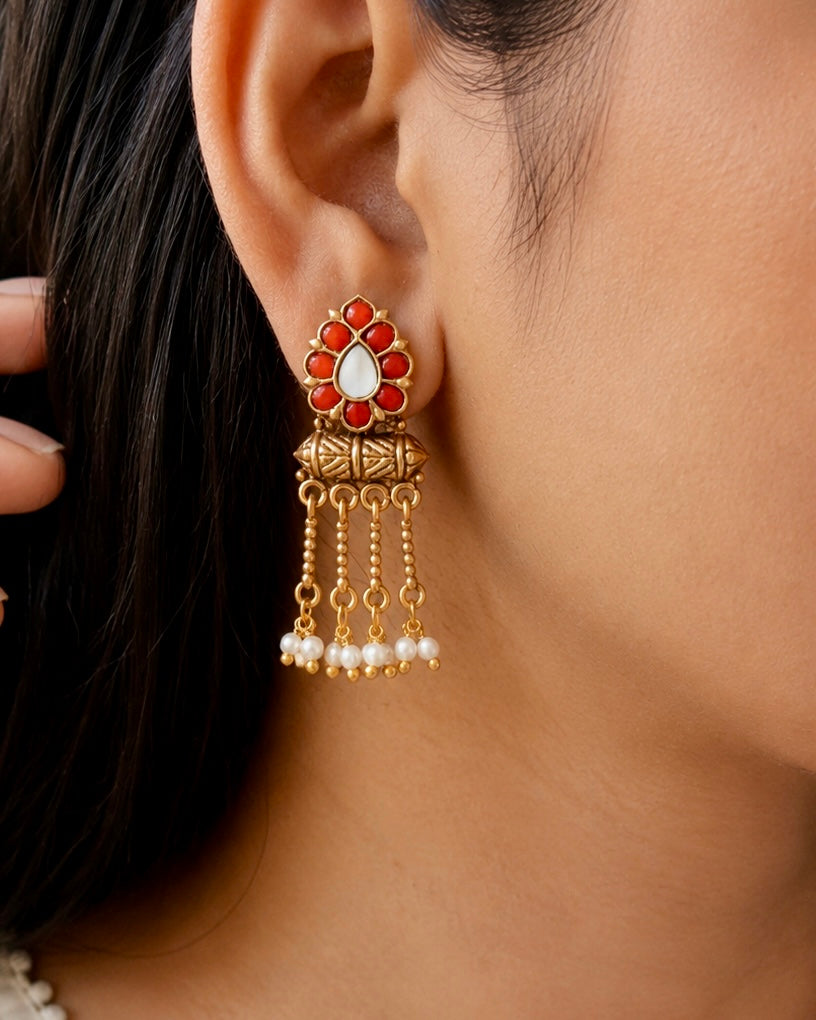 Coral Petal Tassel Earrings
