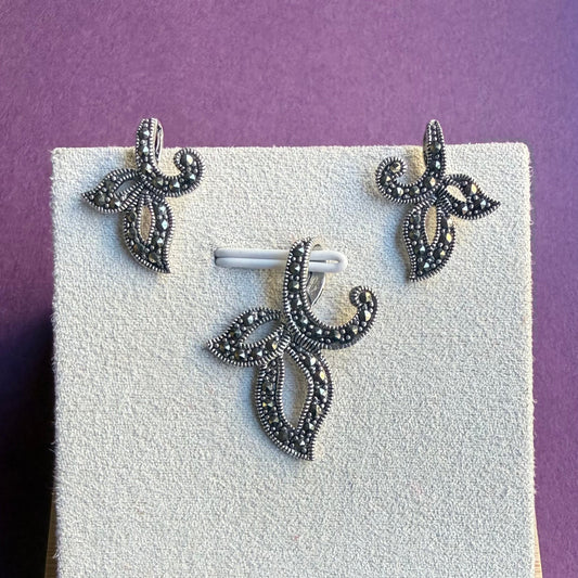 Leaf Swirl Marcasite Pendant Set