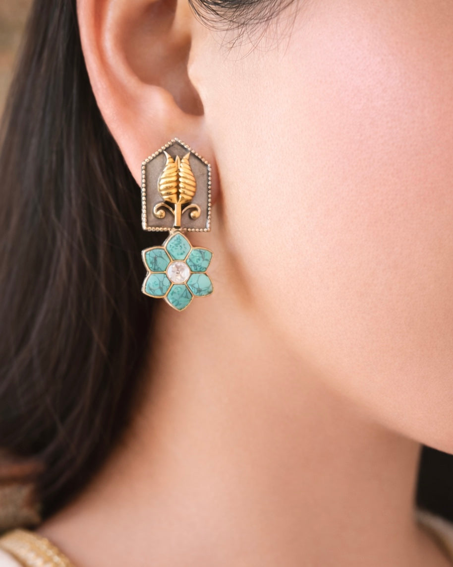 Floral Drop Earrings with Leaf Motif