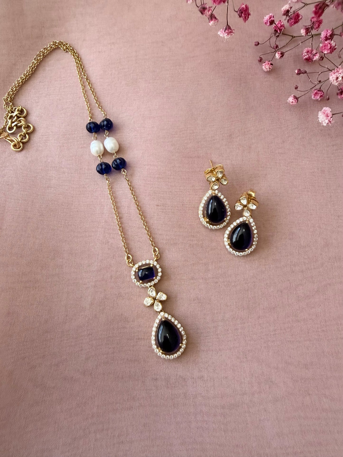Midnight Blue Polki Pendant Set