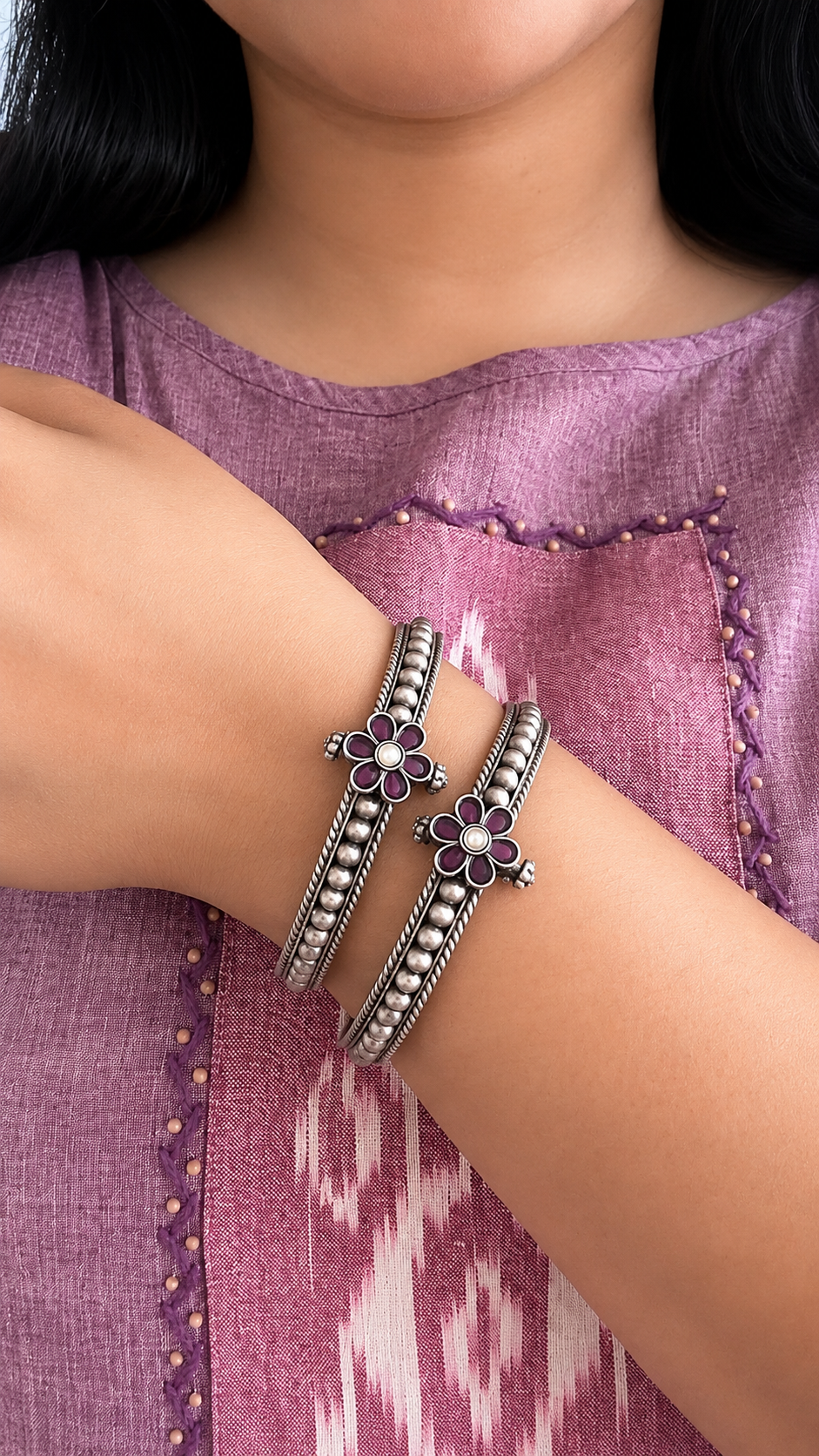Petal & Bead Silver Bangles