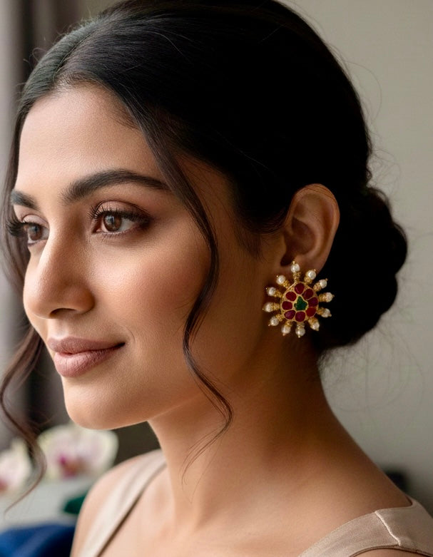 Raani Kundan Pearl Stud Earrings