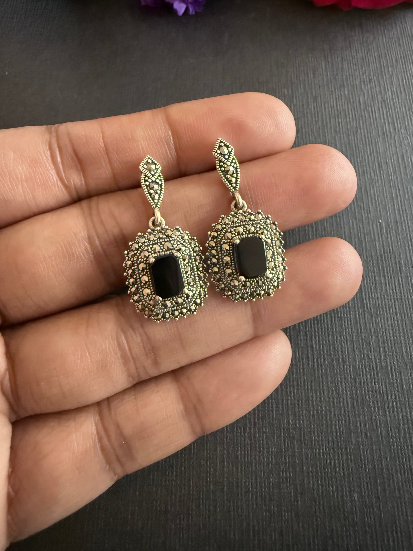 Onyx-Marcasite Drop Earrings