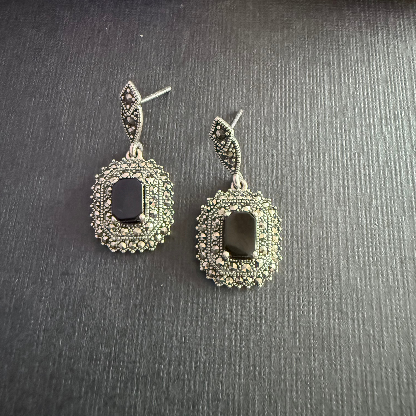 Onyx-Marcasite Drop Earrings