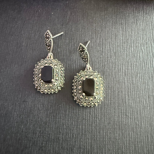Onyx-Marcasite Drop Earrings