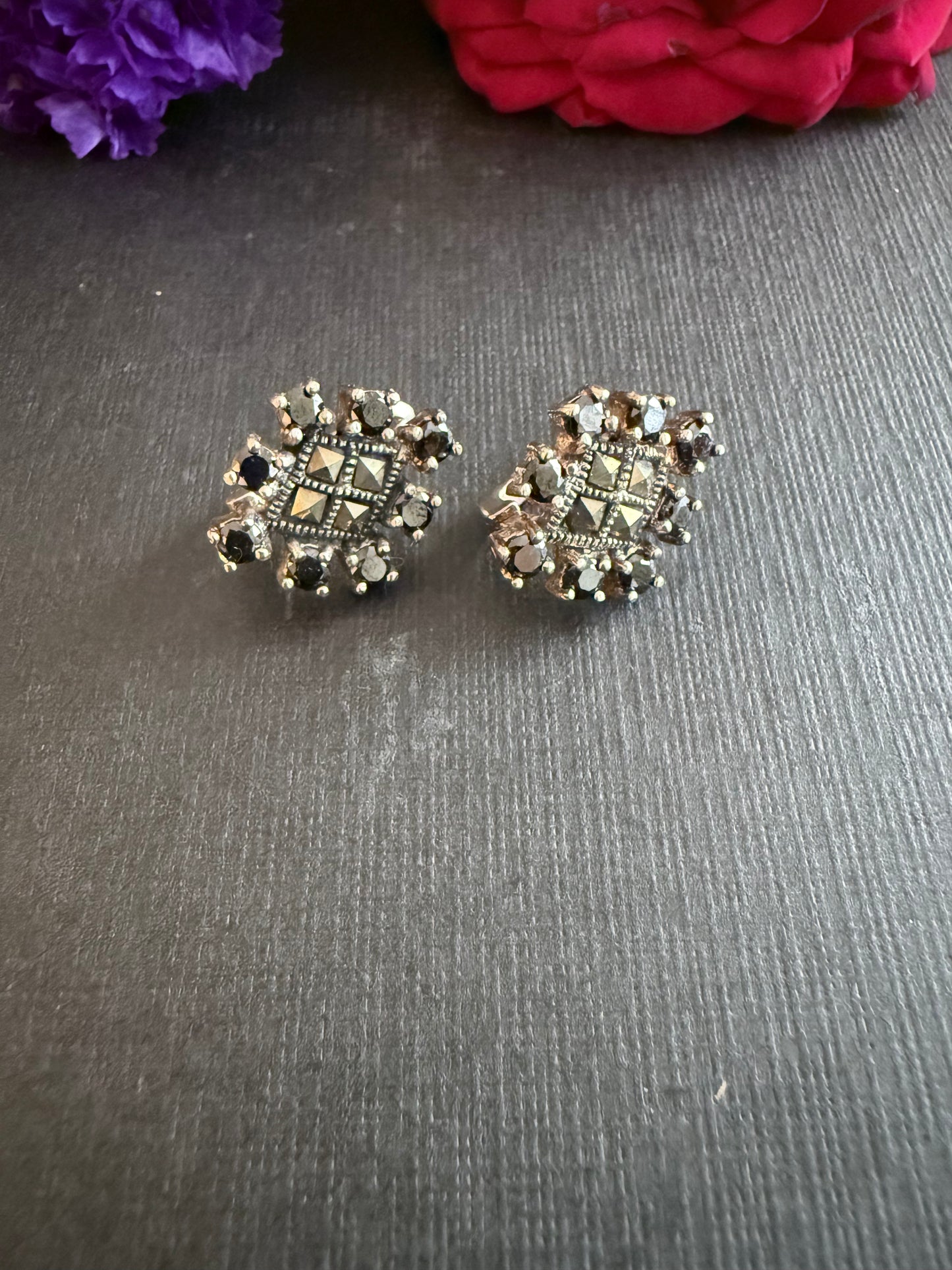 Onyx-Marcasite Hoop Earrings