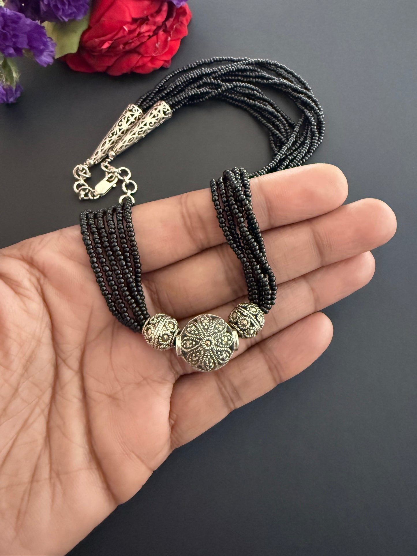 Black Bead Marcasite Necklace